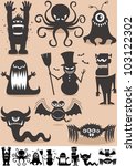 Silhouette Monsters: Set of 9 cartoon monsters. No transparency and gradients used.
