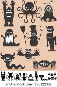 Silhouette Monsters: Set of 9 cartoon monsters. No transparency and gradients used.