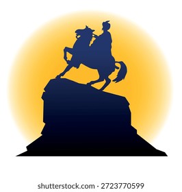 Silueta del monumento al jinete sobre el fondo de un sol amarillo. Ilustración vectorial