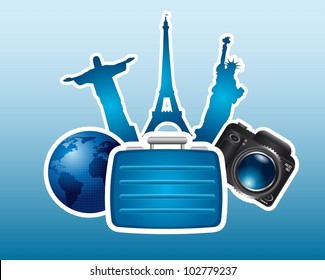silhouette monuments with suitcase and camera background. vector svg