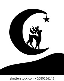 Silhouette of the moon and deer. Vector illustration.