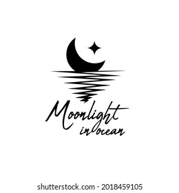 Silhouette Moon with Star Scenery on the Sea logo design