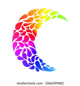 Silhouette of a Moon in a tattoo style. Rainbow colors in white background. Creative colourful crescent moon