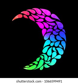 Silhouette of a Moon in a tattoo style. Rainbow colors in black background. Creative colourful crescent moon