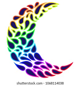 Silhouette of a Moon in a tattoo style. Rainbow colors in white background. Creative colourful crescent moon