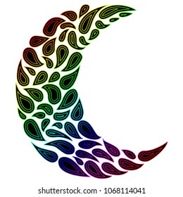 Silhouette of a Moon in a tattoo style. Rainbow colors in white background. Creative colourful crescent moon