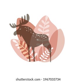 The silhouette of a moose against the background of abstract floral motif. Vector illustration.