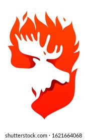 Silhouette Moose Inside Fire Illustration. Red Fire Badge Vector.