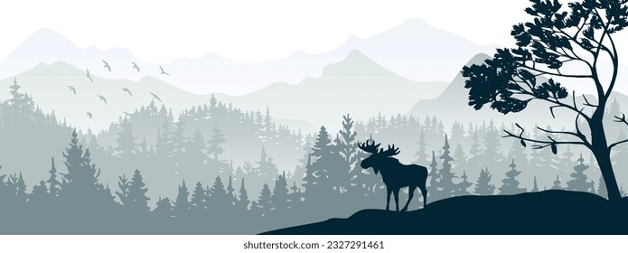 Silhouette of moose on hill. Tree in front, mountains and forest in background. Magical misty landscape. Illustration, horizontal banner.