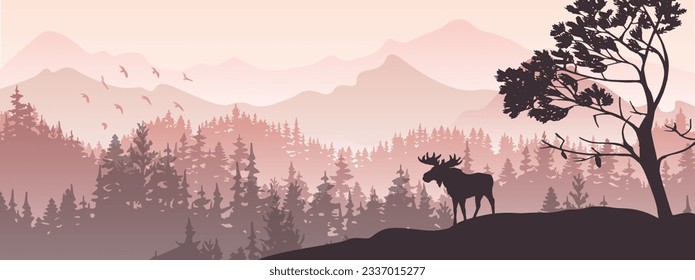 Silhouette of moose on hill. Tree in front, mountains and forest in background. Magical misty landscape. Illustration, horizontal banner.