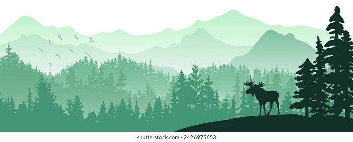 Silueta de alce en la colina. Árbol en frente, montañas y bosque en el fondo. Paisaje brumoso mágico. Ilustración, banner horizontal.