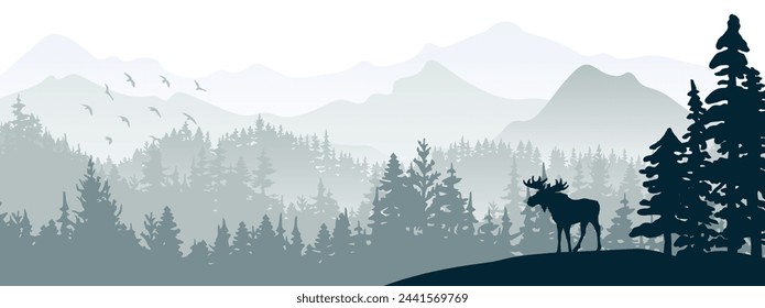 Silhouette of moose on hill. Tree in front, mountains and forest in background. Magical misty landscape. Illustration, horizontal banner.