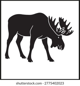 Silhouette of moose walking with large antlers and sturdy body in minimalist style