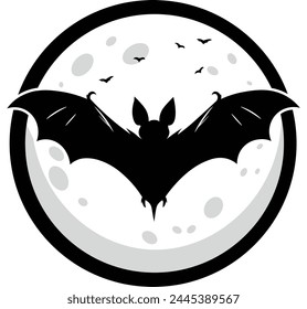 Silhouette of Morgego with open wings in front of the moonlight. Illustration for halloween sticker