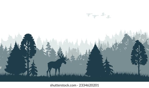 Silhouette of morning forest with moose and ducks flock. Canada or Alaska nature landscape, european forest wildlife or woodland vector background with moose male, trees and flying birds silhouettes