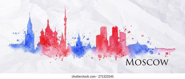 Silhouette Moscow city painted with splashes of watercolor drops streaks landmarks in red with blue tones