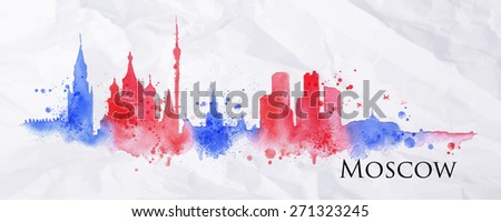 Silhouette Moscow city painted with splashes of watercolor drops streaks landmarks in red with blue tones