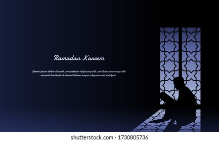 Silhouette of a Moslem Reading The Quran. Vector Illustration