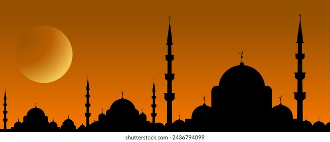 Silhouette of a mosque against the backdrop of a large moon and orange sky. Mosques against the backdrop of a beautiful moon. Vector illustration.