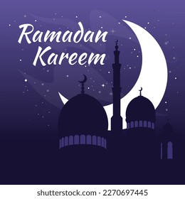 The silhouette of the mosque against the background of the new moon. Celebrating Ramadan. islamic holiday Starry night, purple color. Greeting card. Vector illustration