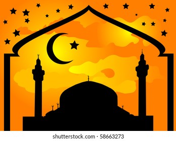 Silhouette of mosque against cloudy yellow sky