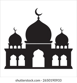 Silhueta de uma arquitetura de mesquita com cúpulas e lua crescente, um símbolo da cultura islâmica e tradição religiosa em preto e branco
