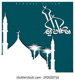 Silhouette mosque background with Beautiful Ramadan Kareem Arabic Calligraphy - Islamic Greeting card background