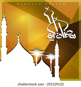 Silhouette mosque background with Ramadan Kareem Arabic Calligraphy - Islamic Greeting card background - Creative Islamic background