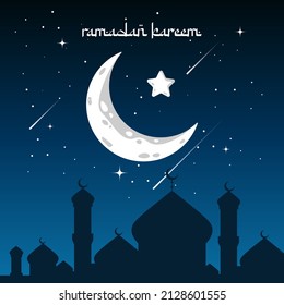 silhouette mosque with beautiful moon and stars on above, ramadan kareem islamic holy month. vector illustration