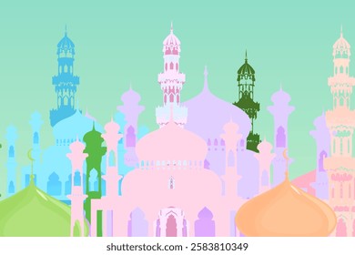 silhouette of a mosque building with a colorful gradient background