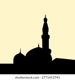Silhouette of a mosque building concept design. Icon of worship place with two domes and one tower. Vector illustration.
