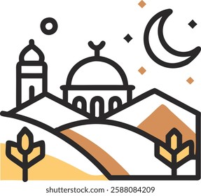 Silhouette of mosque with crescent moon among mountains, representing Islamic spirituality during Ramadan.