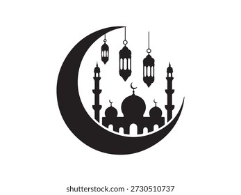 A silhueta de uma mesquita, lua crescente e lanternas em um desenho simbólico. A lua e a mesquita simbolizam a fé e a tradição.