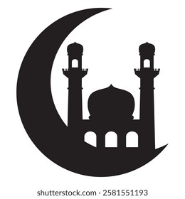 
Silhouette of a mosque with a crescent moon, symbolizing Islamic culture.