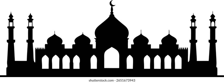 A silhouette of a mosque is depicted against a white background. The mosque features domes, minarets, and arches, showcasing islamic architecture and design. The image evokes peace and spirituality.