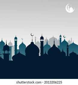 silhouette of mosque dome and tower chain with navy, emerald and light gray color
