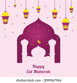 silhouette mosque eid mubarak illustration, eid mubarak poster with frame and hanging lanterns, happy eid mubarak celebrate illustration vector