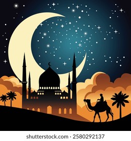 A silhouette of the mosque and farmer riding a camel at night with stars and moon
