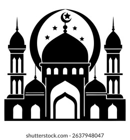 Silhouette of a mosque illustration featuring a crescent moon, stars, and intricate architectural details against transparent backdrop. Ideal for versatile use.