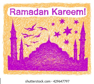 Silhouette of a mosque and Islamic city with ink pen texture made in vector. Islamic conceptual hand drawn illustration. Ramadan Kareem.
