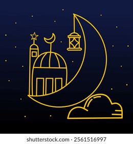 Silhouette of mosque and lantern on top of crescent moon.