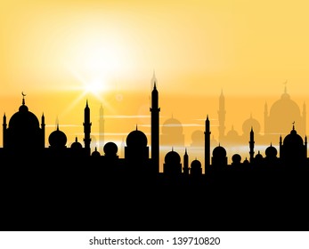 Silhouette of Mosque or Masjid in evening background, concept for Muslim community holy month Ramadan Kareem or Ramazan Kareem.