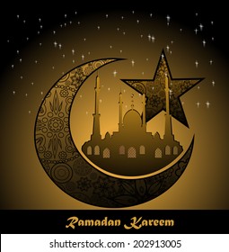 Silhouette of Mosque or Masjid on moon with stars on gold background, concept for Muslim community holy month Ramadan Kareem or Ramazan Kareem.