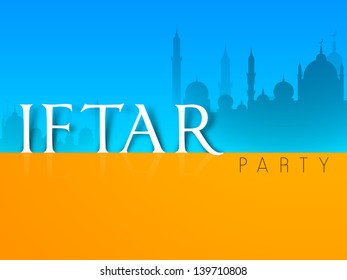 Silhouette of Mosque or Masjid with text Iftar party with space for your message, concept for Muslim community holy month Ramadan Kareem or Ramazan Kareem.