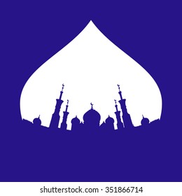 Silhouette of mosque with minarets. Concept for Islamic Muslim holiday for celebration Mawlid birthday of prophet Muhammad, holy month of Ramadan Kareem, Eid Mubarak