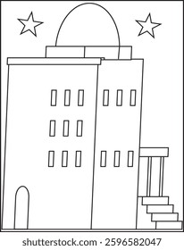 Silhouette of a mosque with minarets and crescent moons.Mosque Coloring Page For Kids And Adults.