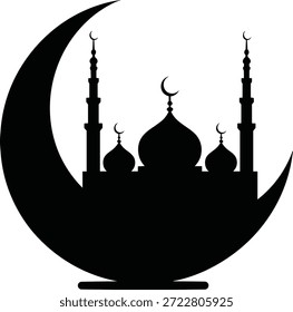 Silhueta de uma mesquita com minaretes e cúpulas em frente de uma lua crescente.
