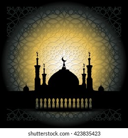 Silhouette of Mosque with Minarets and geometric ornament. Concept for Islamic Muslim holiday for celebration holy month of Ramadan Kareem, Eid Mubarak, Mawlid birthday of prophet Muhammad