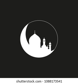 Silhouette of mosque with minarets on moon Crescent. Concept for Islamic Muslim holiday for celebration Mawlid birthday of prophet Muhammad, holy month of Ramadan Kareem, Eid Mubarak
