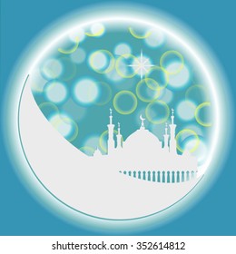 Silhouette of mosque with minarets on moon Crescent. Concept for Islamic Muslim holiday for celebration Mawlid birthday of prophet Muhammad, holy month of Ramadan Kareem, Eid Mubarak